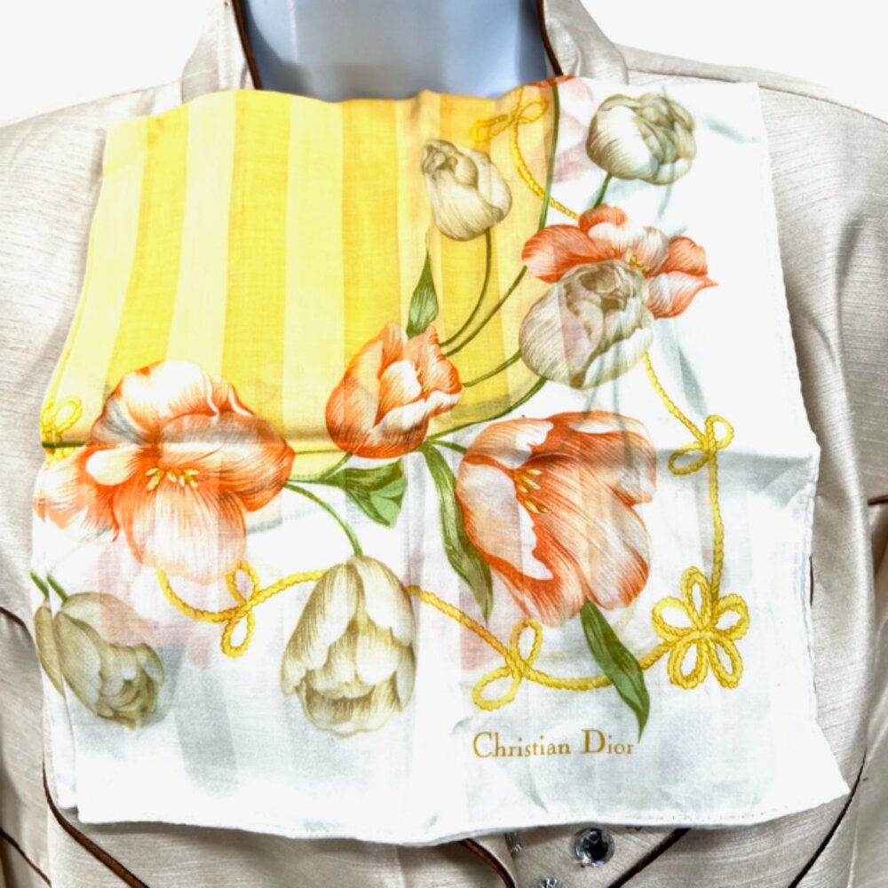 New CHRISTIAN DIOR Mni Scarf Cotton/Silk 19" Ivery Peach Pink Floral (41 - Picture 2 of 5